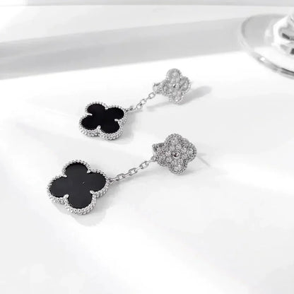 Pomuse CLOVER 2 MOTIFS  DIAMOND ONYX EARRINGS SILVER