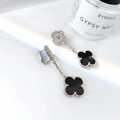 Pomuse CLOVER 2 MOTIFS  DIAMOND ONYX EARRINGS SILVER