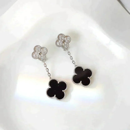 Pomuse CLOVER 2 MOTIFS  DIAMOND ONYX EARRINGS SILVER