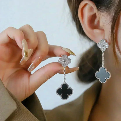Pomuse CLOVER 2 MOTIFS  DIAMOND ONYX EARRINGS SILVER