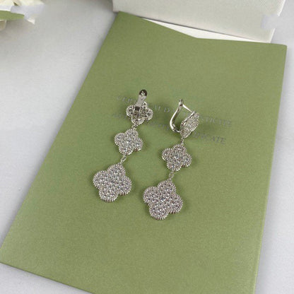 Pomuse CLOVER 3 MOTIF DIAMOND SILVER DROP EARRINGS