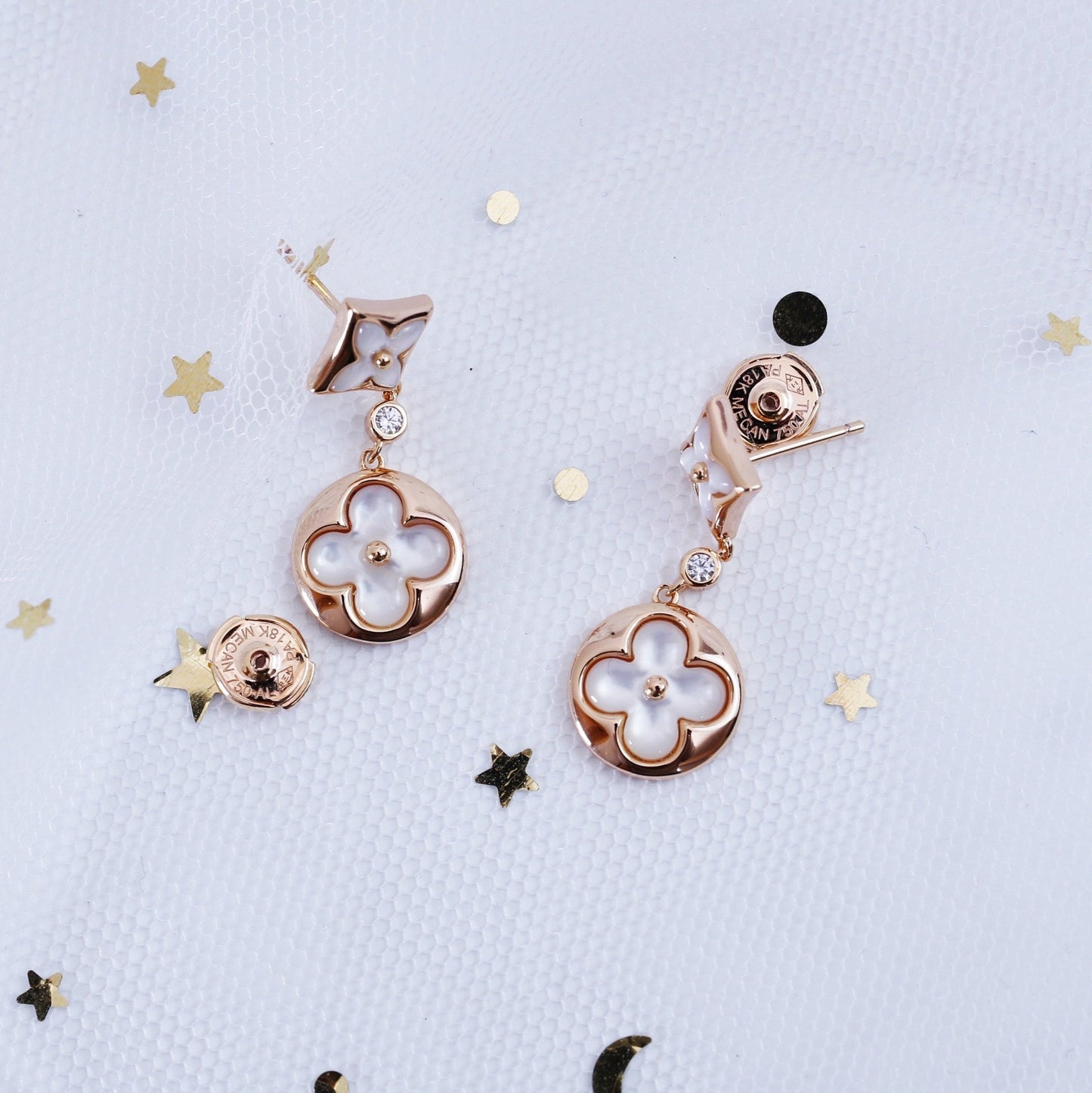 Pomuse STAR AND SUN PINK GOLD MOP DROP EARRINGS