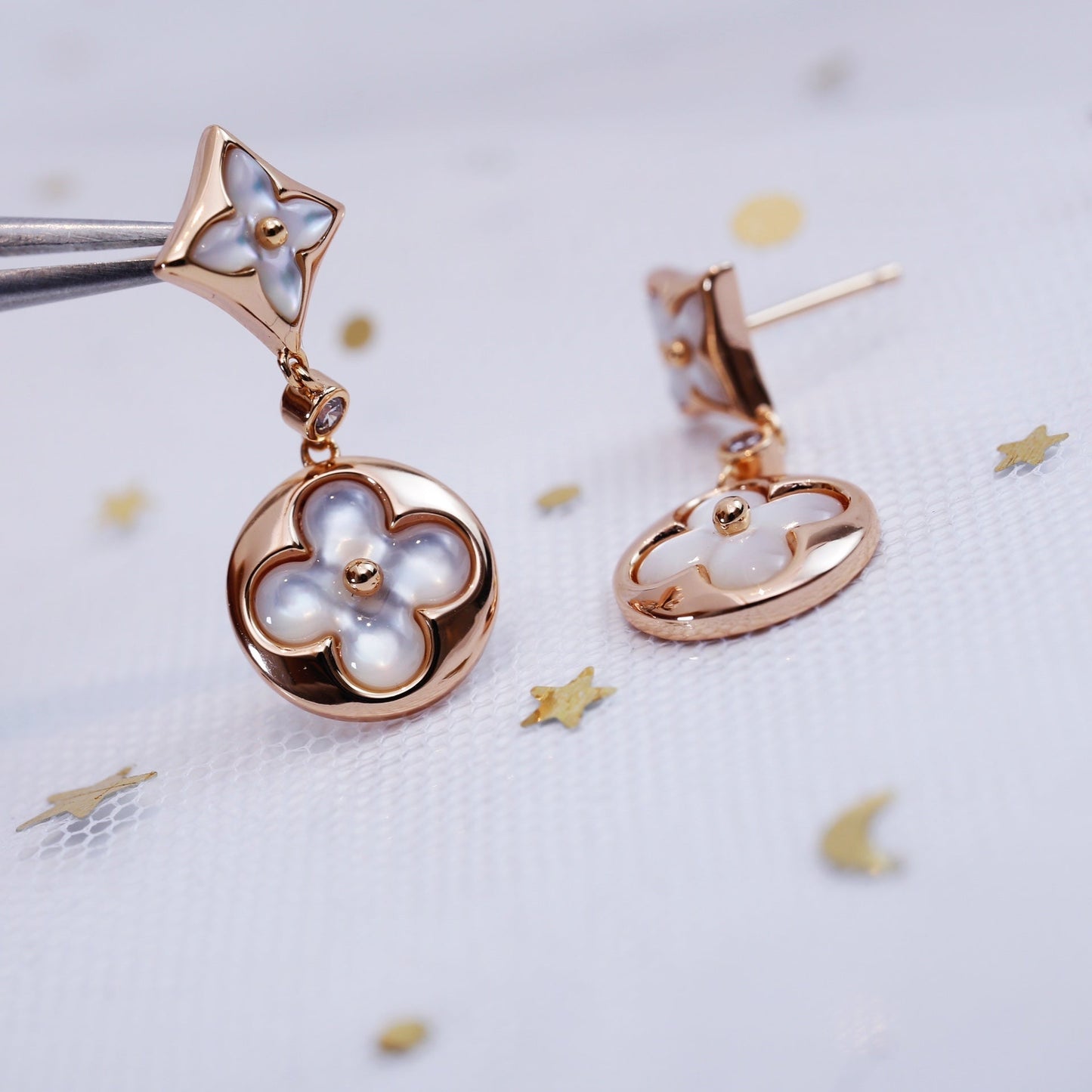 Pomuse STAR AND SUN PINK GOLD MOP DROP EARRINGS