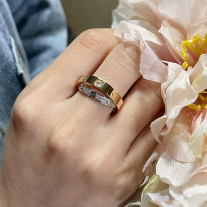 Pomuse LOVE PINK GOLD SILVER DIAMOND DOUBLE RING