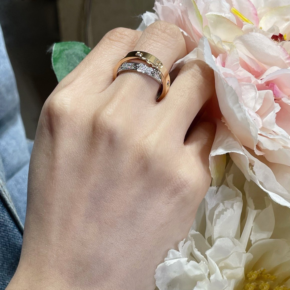 Pomuse LOVE PINK GOLD SILVER DIAMOND DOUBLE RING