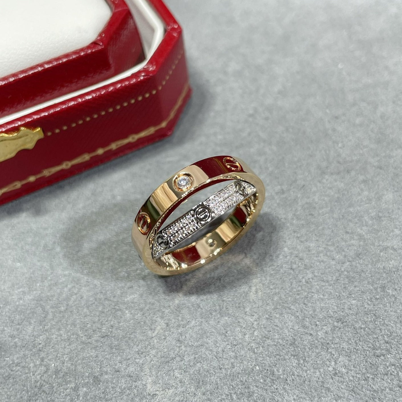 Pomuse LOVE PINK GOLD SILVER DIAMOND DOUBLE RING