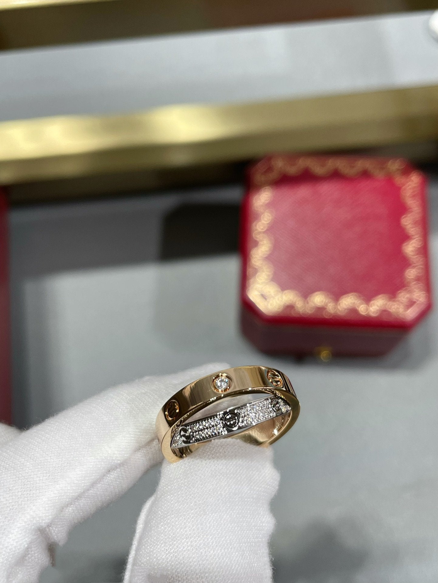 Pomuse LOVE PINK GOLD SILVER DIAMOND DOUBLE RING