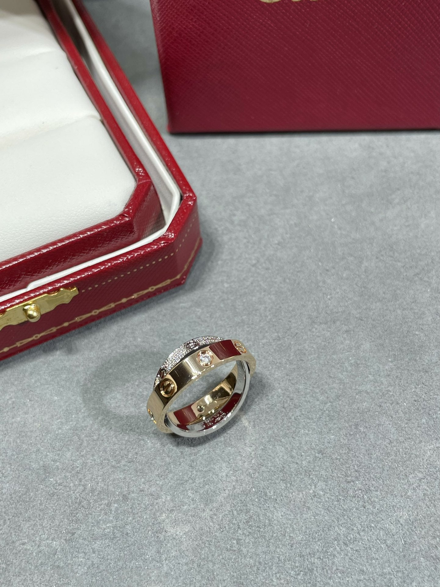 Pomuse LOVE PINK GOLD SILVER DIAMOND DOUBLE RING