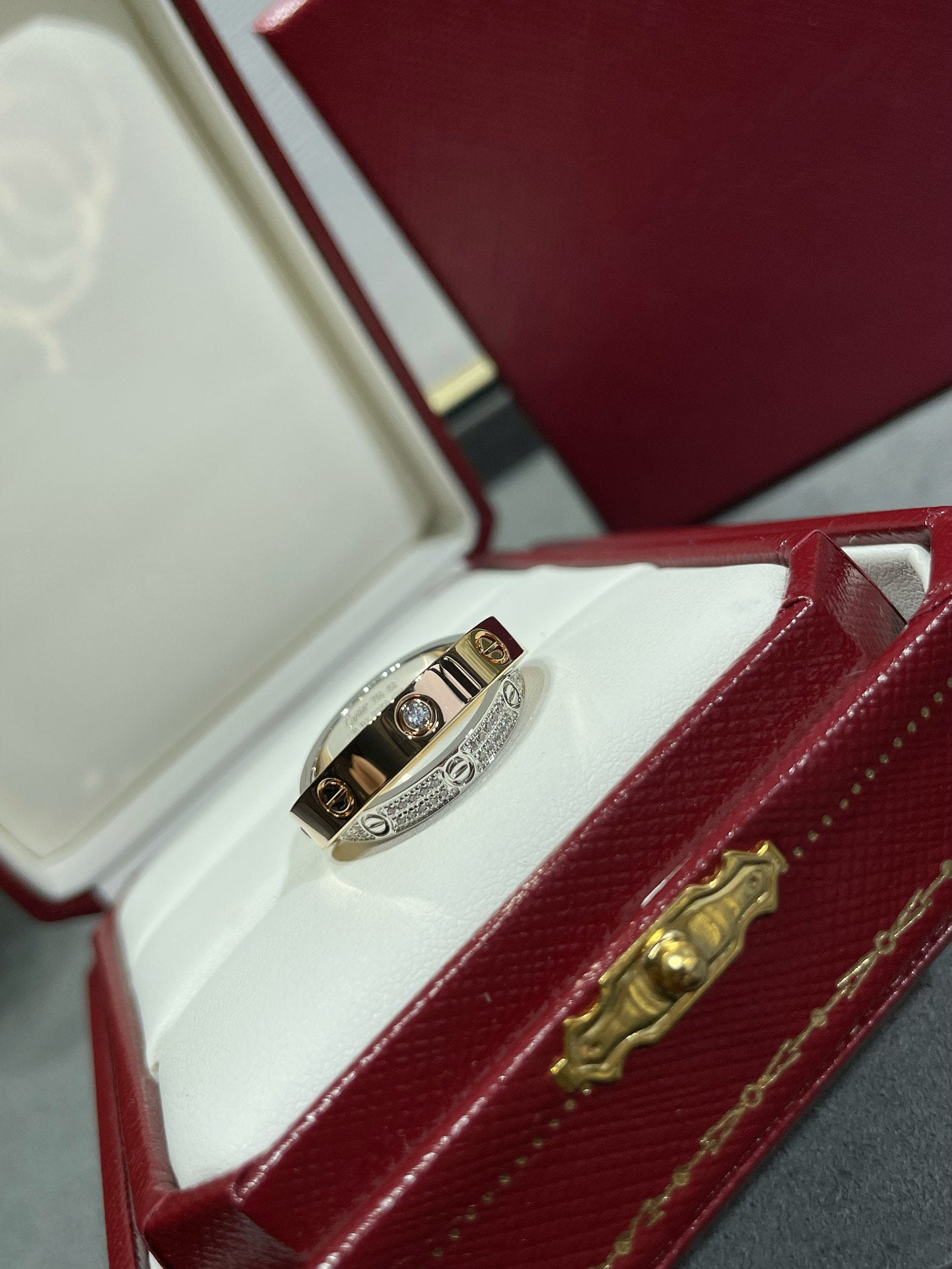 Pomuse LOVE PINK GOLD SILVER DIAMOND DOUBLE RING