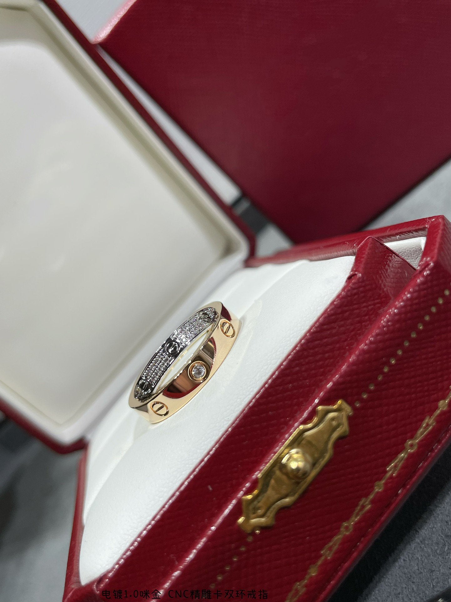 Pomuse LOVE PINK GOLD SILVER DIAMOND DOUBLE RING