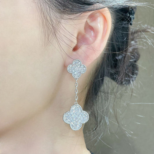 Pomuse CLOVER 2 MOTIFS DIAMOND PAVED SILVER EARRINGS