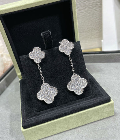 Pomuse CLOVER 2 MOTIFS DIAMOND PAVED SILVER EARRINGS