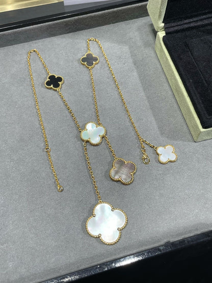 Pomuse CLOVER 6 MOTIF MOP ONYX GOLD NECKLACE