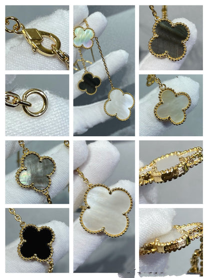 Pomuse CLOVER 6 MOTIF MOP ONYX GOLD NECKLACE