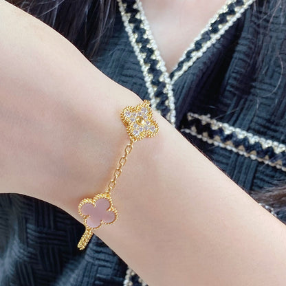 Pomuse CLOVER 5 MOTIF DIAMOND PINK MOP PINK GOLD BRACELET