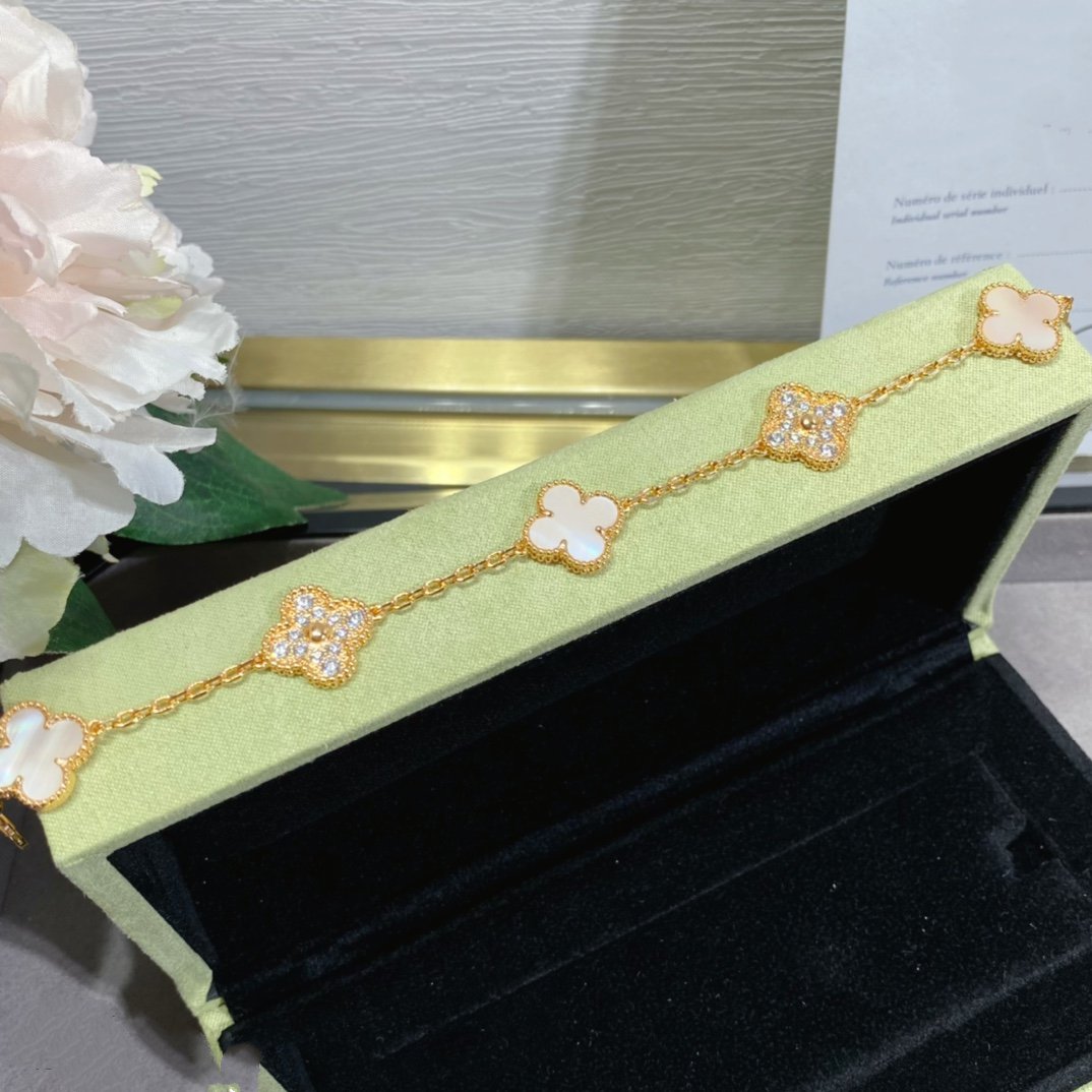 Pomuse CLOVER 5 MOTIF DIAMOND PINK MOP PINK GOLD BRACELET