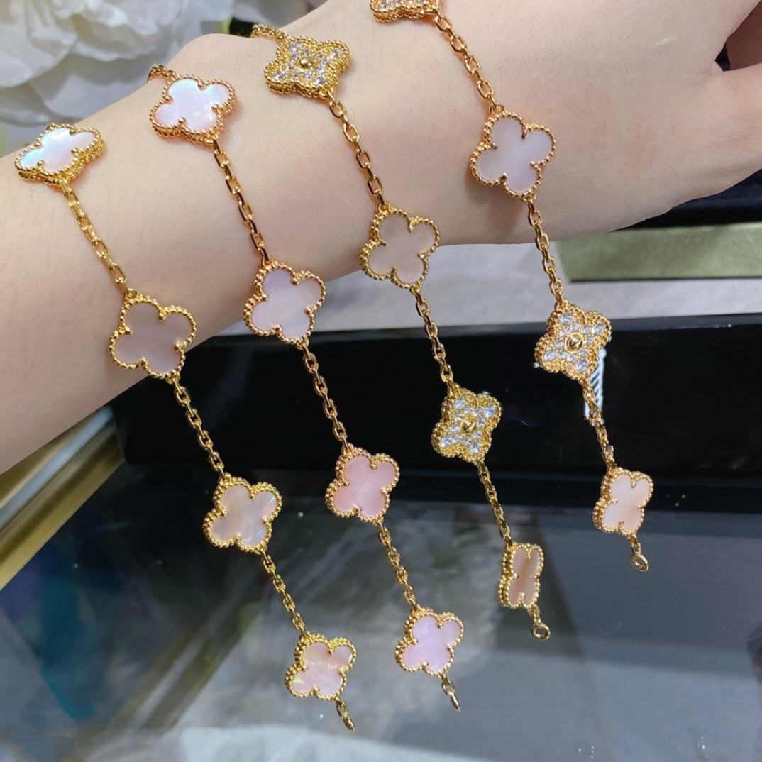 Pomuse CLOVER 5 MOTIF DIAMOND PINK MOP PINK GOLD BRACELET