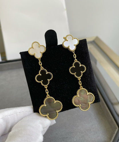 Pomuse CLOVER 3 MOTIF MOP ONYX DARK MOP PINK GOLD EARRINGS