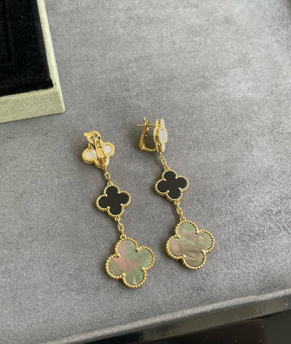 Pomuse CLOVER 3 MOTIF MOP ONYX DARK MOP PINK GOLD EARRINGS