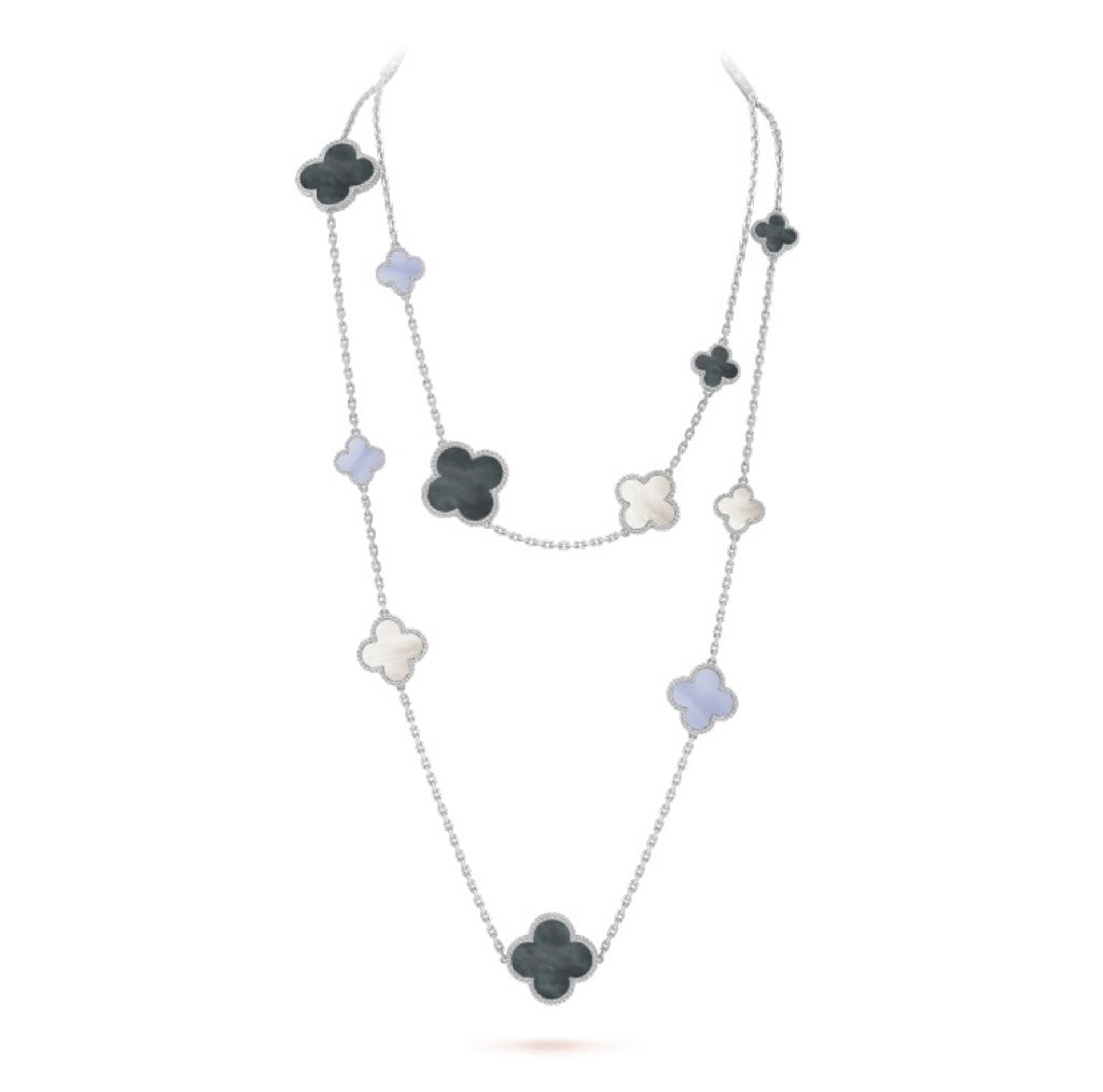 Pomuse CLOVER 16 MOTIF CHALCEDONY MOP SILVER NECKLACE