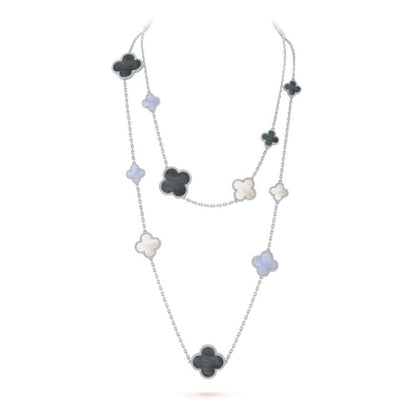 Pomuse CLOVER 16 MOTIF CHALCEDONY MOP SILVER NECKLACE