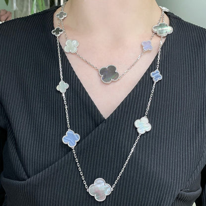 Pomuse CLOVER 16 MOTIF CHALCEDONY MOP SILVER NECKLACE