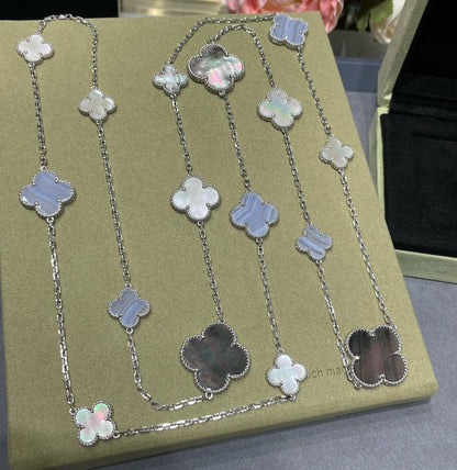 Pomuse CLOVER 16 MOTIF CHALCEDONY MOP SILVER NECKLACE