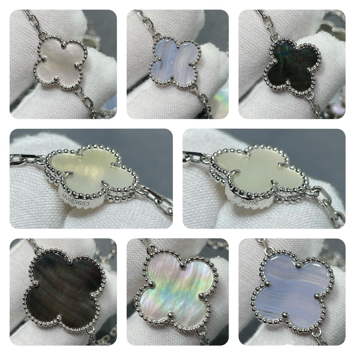 Pomuse CLOVER 16 MOTIF CHALCEDONY MOP SILVER NECKLACE