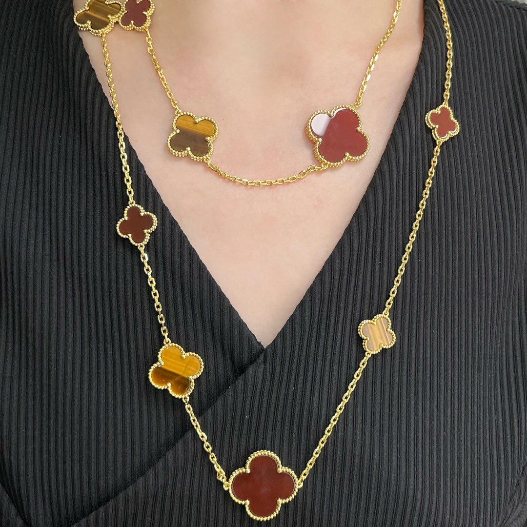 Pomuse CLOVER 16 MOTIF CARNELIAN TIGER EYE ROSE GOLD NECKLACE