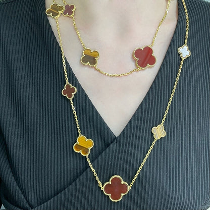 Pomuse CLOVER 16 MOTIF CARNELIAN TIGER EYE ROSE GOLD NECKLACE