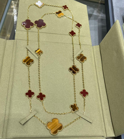 Pomuse CLOVER 16 MOTIF CARNELIAN TIGER EYE ROSE GOLD NECKLACE