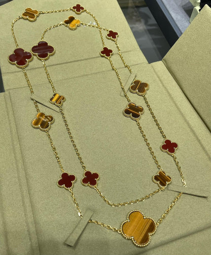 Pomuse CLOVER 16 MOTIF CARNELIAN TIGER EYE ROSE GOLD NECKLACE