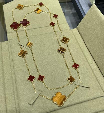 Pomuse CLOVER 16 MOTIF CARNELIAN TIGER EYE ROSE GOLD NECKLACE
