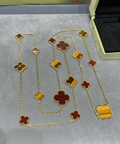 Pomuse CLOVER 16 MOTIF CARNELIAN TIGER EYE ROSE GOLD NECKLACE