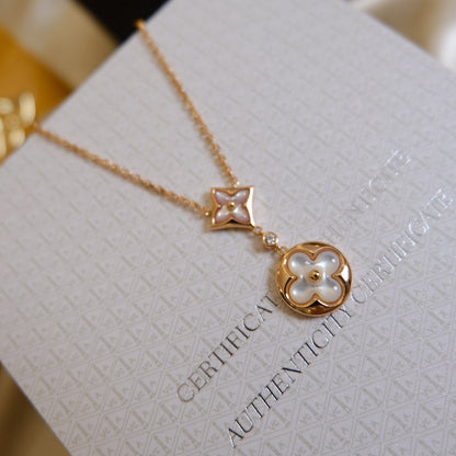 Pomuse STAR AND SUN WHITE MOP 2 MOTIF PINK GOLD NECKLACE