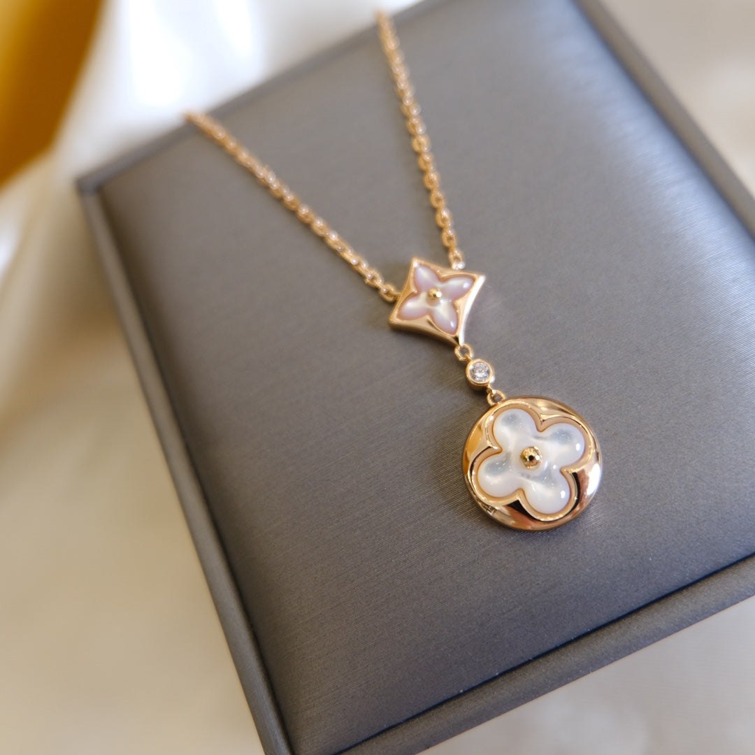 Pomuse STAR AND SUN WHITE MOP 2 MOTIF PINK GOLD NECKLACE