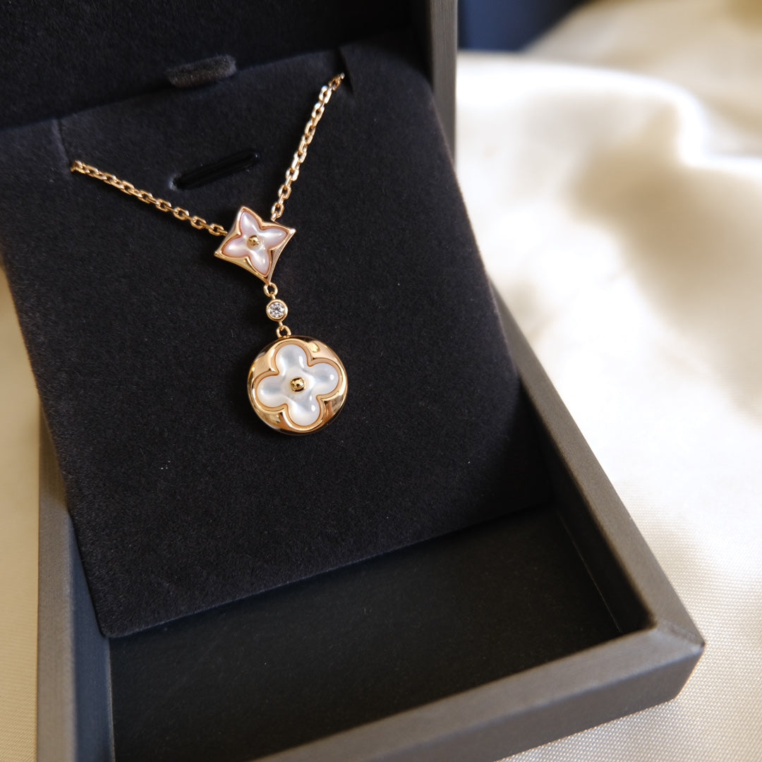 Pomuse STAR AND SUN WHITE MOP 2 MOTIF PINK GOLD NECKLACE