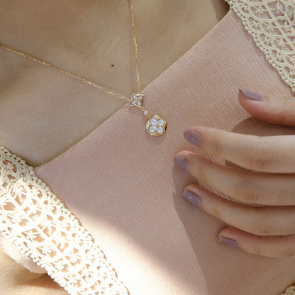 Pomuse STAR AND SUN WHITE MOP 2 MOTIF PINK GOLD NECKLACE