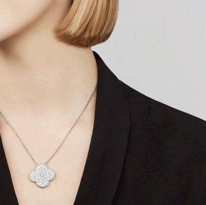 Pomuse CLOVER 25MM LARGE PENDANT DIAMOND PAVED SILVER NECKLACE
