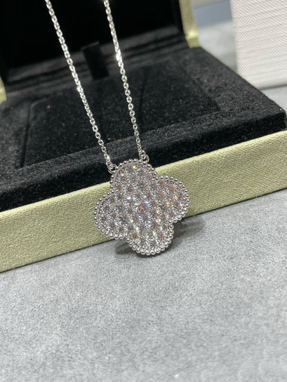 Pomuse CLOVER 25MM LARGE PENDANT DIAMOND PAVED SILVER NECKLACE