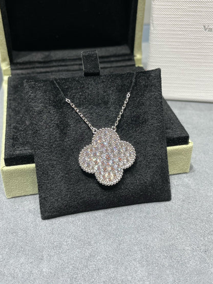 Pomuse CLOVER 25MM LARGE PENDANT DIAMOND PAVED SILVER NECKLACE
