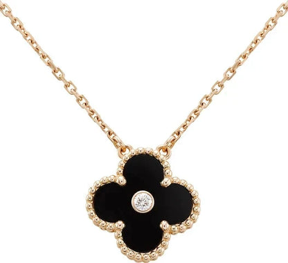 Pomuse CLOVER 15MM DIAMOND ONYX NECKLACE