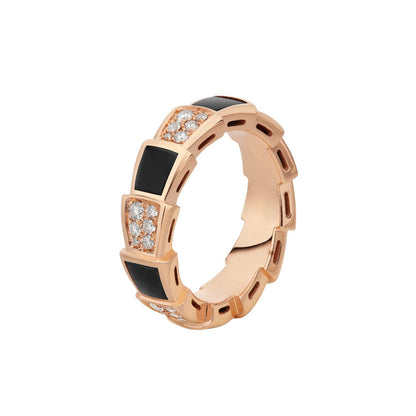 Pomuse SERPENTI RING PINK GOLD BLACK MOP DIAMOND PAVED 4MM