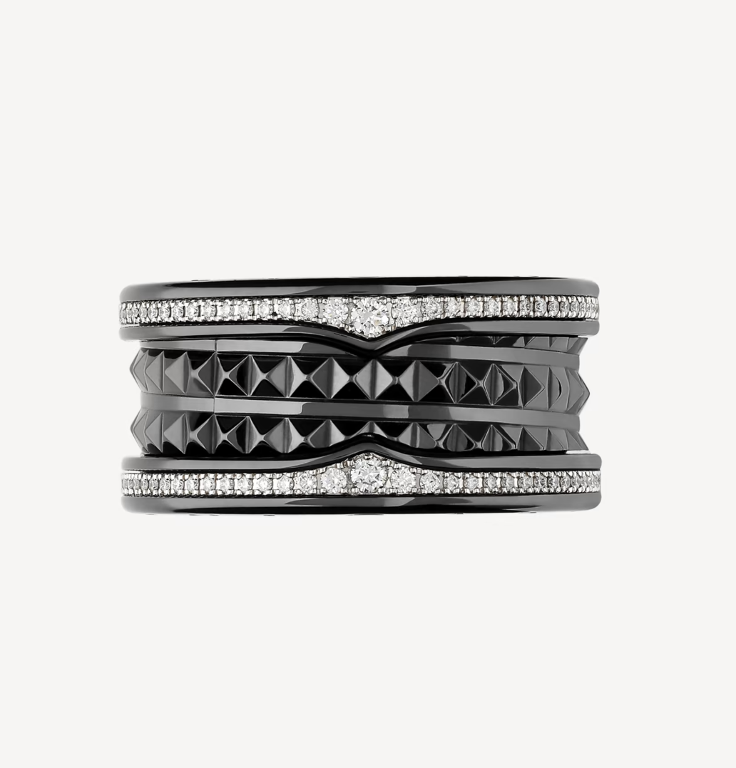 Pomuse ZERO 1 ROCK FOUR-BAND BLACK CERAMIC WITH STUDDED SPIRAL AND PAVED DIAMONDS RING