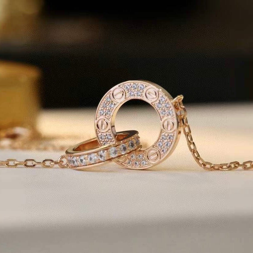 Pomuse LOVE 7.6MM NECKLACE ROSE GOLD AND SILVER  FULL DIAMOND