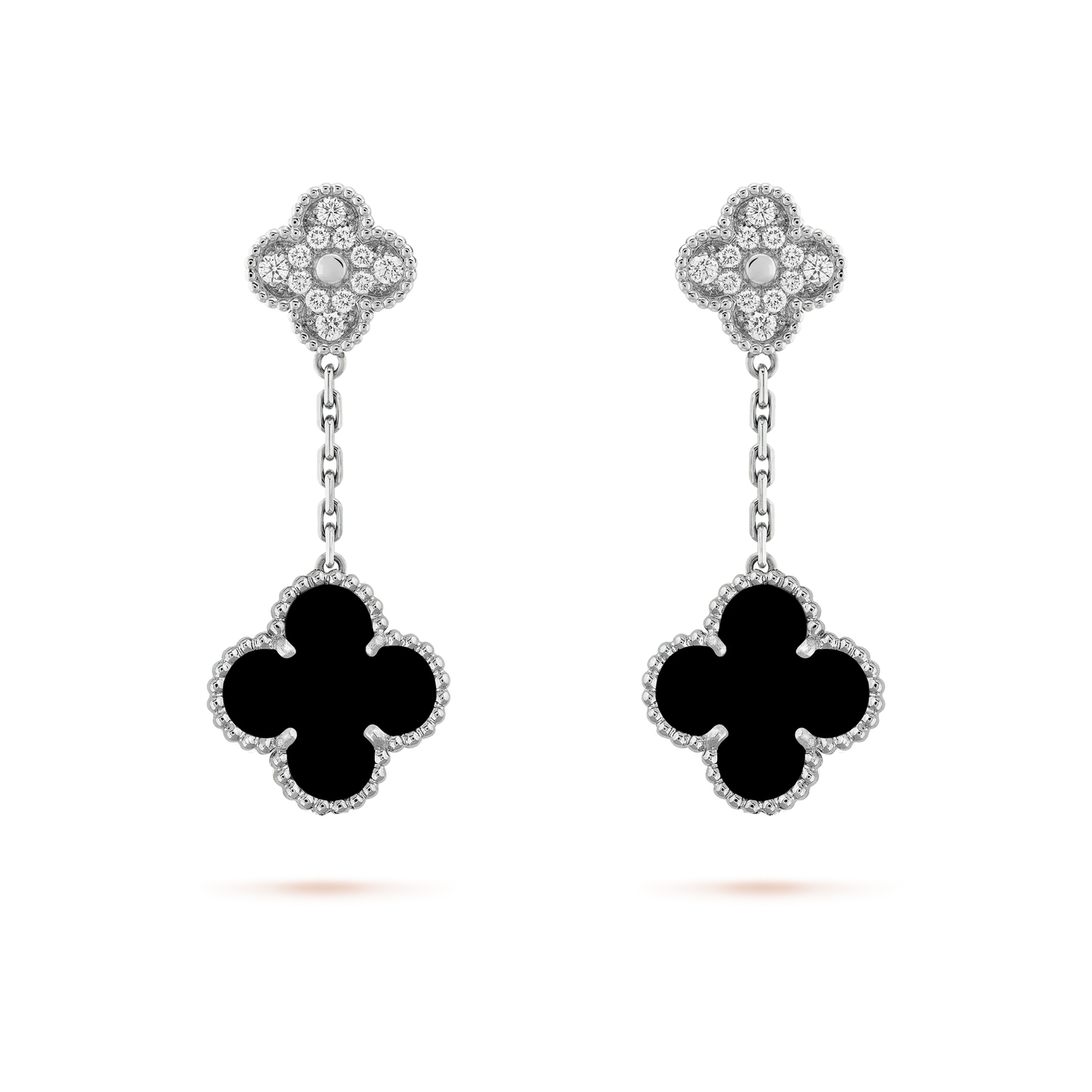 Pomuse CLOVER 2 MOTIFS  DIAMOND ONYX EARRINGS SILVER