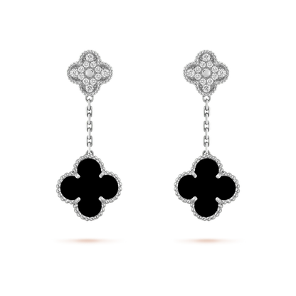 Pomuse CLOVER 2 MOTIFS  DIAMOND ONYX EARRINGS SILVER