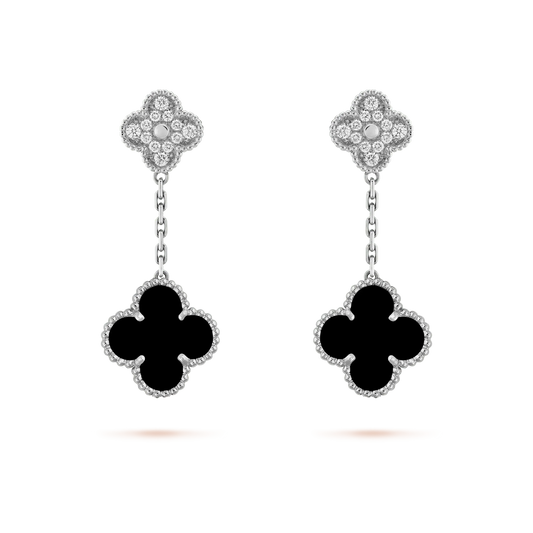 Pomuse CLOVER 2 MOTIFS  DIAMOND ONYX EARRINGS SILVER