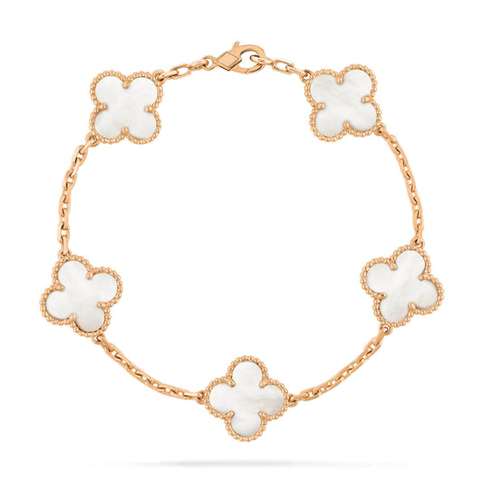 Pomuse Armband mit Kleeblattmotiv und 5 weißen Mops 