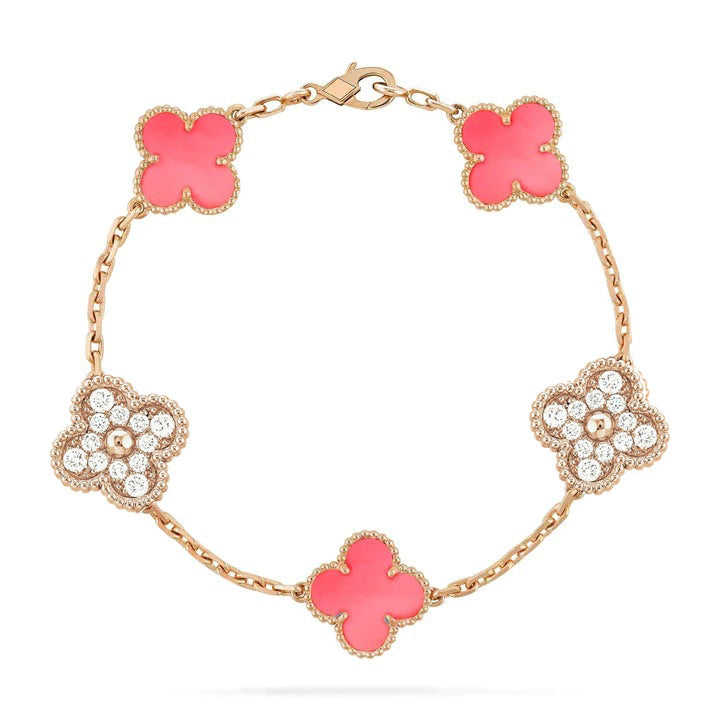 Pomuse CLOVER 5 MOTIF DIAMOND PINK MOP PINK GOLD BRACELET